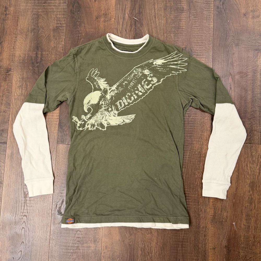 Vintage Y2K Dickies Eagle Graphic Layered Thermal Shirt Men's Small Grunge